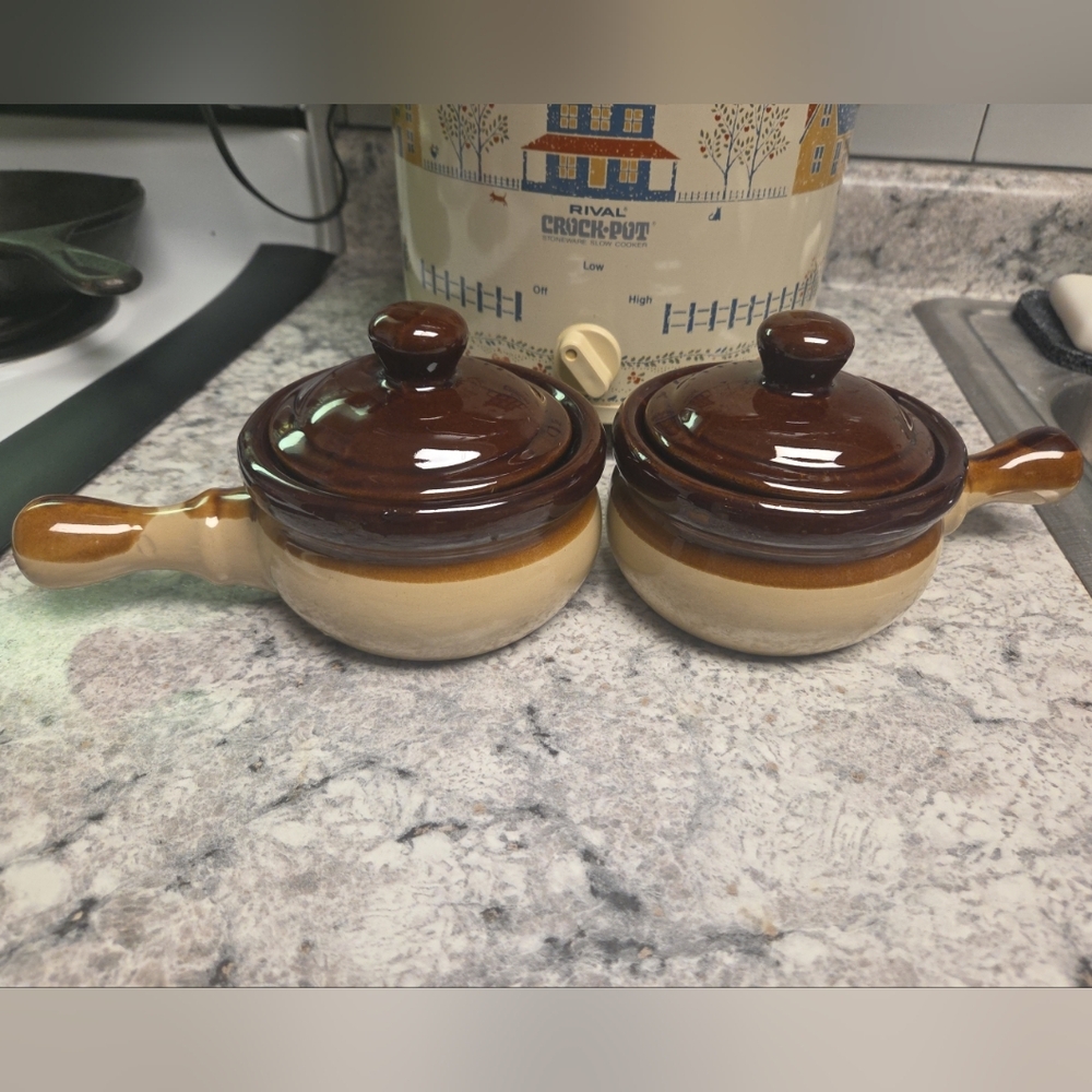 Two Stoneware Ceramic Soup Bowls With Handles And Lids - Vintage